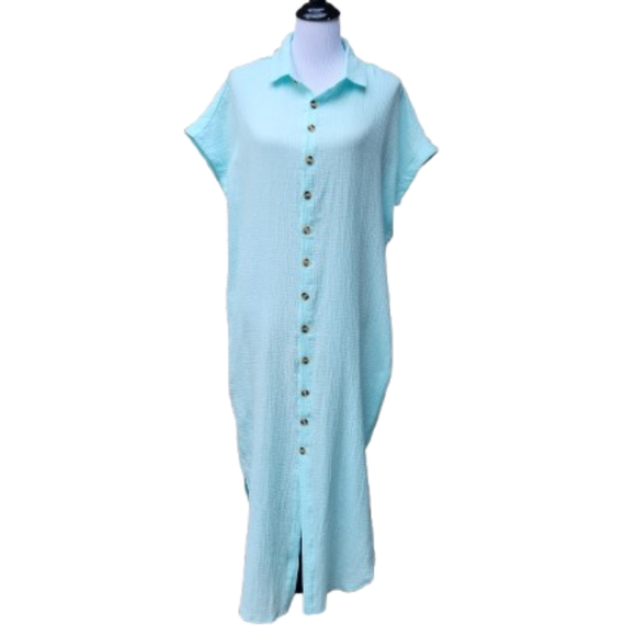 Mint Green Long Dress Muslin Style Button-Up Dolman Short Sleeves - Picture 1 of 12